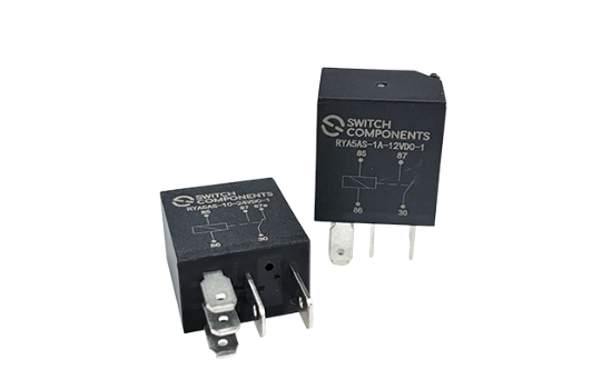 Compact 30A automotive relay with quick-connect terminals. Form A and Form C contact arrangements, 12V/24V coil.