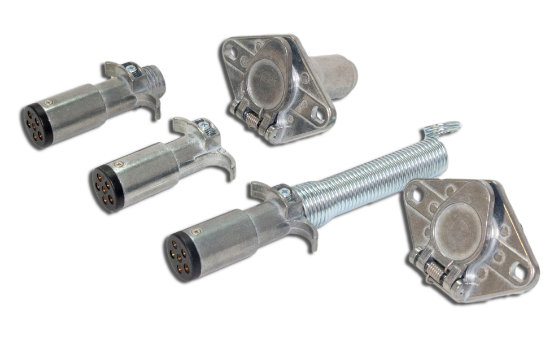 6-Pole Round connectors are popular on medium duty trailers where you want both reverse lights and electric brakes. Designed with a Die Cast housing for superior corrosion resistance and plated steel cable guard prevents cable chafing.  Two 1/4