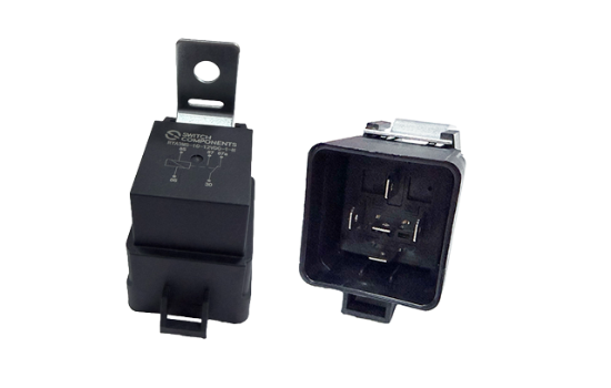 Metal-bracket automotive relay with optional IP65 sealed housing. 40A rating, quick-connect or PCB terminals, 12V/24V coil.