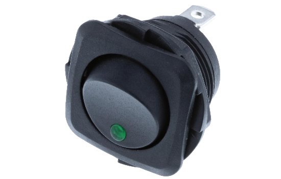 RB2-1A-DC-2-GL-ROCKER SWITCH(1) Switch Components Inc’s RB Series are designed as a round hole rocker with a square face that has multiple illuminated options. Designed with dust resistant black nylon housing with back-up nut design. It is great for automotive, marine and industrial app