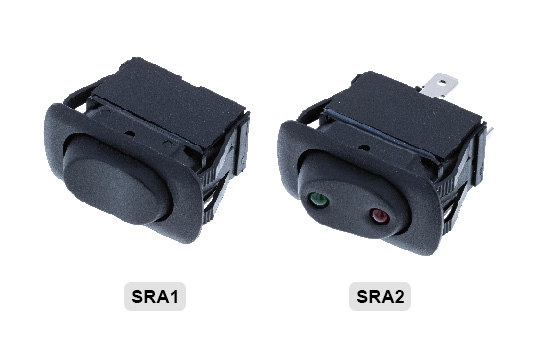 SRA1 switches are designed with rounded-rectangular wave-like actuator. Frames and actuator colors are black . Its water and dust resistant frame seals the switch to the IP56. Offered in single and double pole with various circuit options.