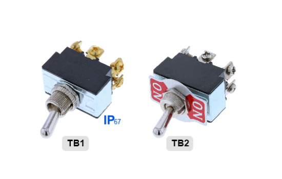 TB1 toggles fit the industry standard 0.48 in diameter mounting hole .These switches can be used in a variety of applications including automotive, marine, commercial or industrial. A rubber boot for water and dust protection is offered as an accessory.