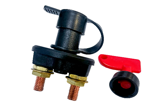 Battery disconnect switch used as a battery isolator in marine, transportation and automotive applications. The switch's handle is detachable, allowing it to be easily removed to deter tampering. It is water and dust rated up to IP54 and provides ignition