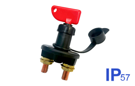 Battery disconnect switch used as a battery isolator in marine, transportation and automotive applications. The switch's handle is detachable, allowing it to be easily removed to deter tampering. It is water and dust rated up to IP54 and provides ignition